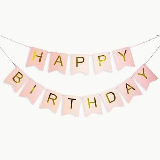 Happy Birthday Banner: Pink with Gold Letter