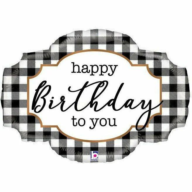 32" Shape Black & White Buffalo Plaid Birthday