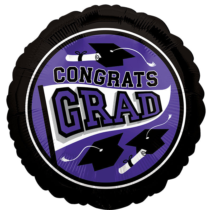 18" Congrats Grad Purple w/ Black Outline Round Foil