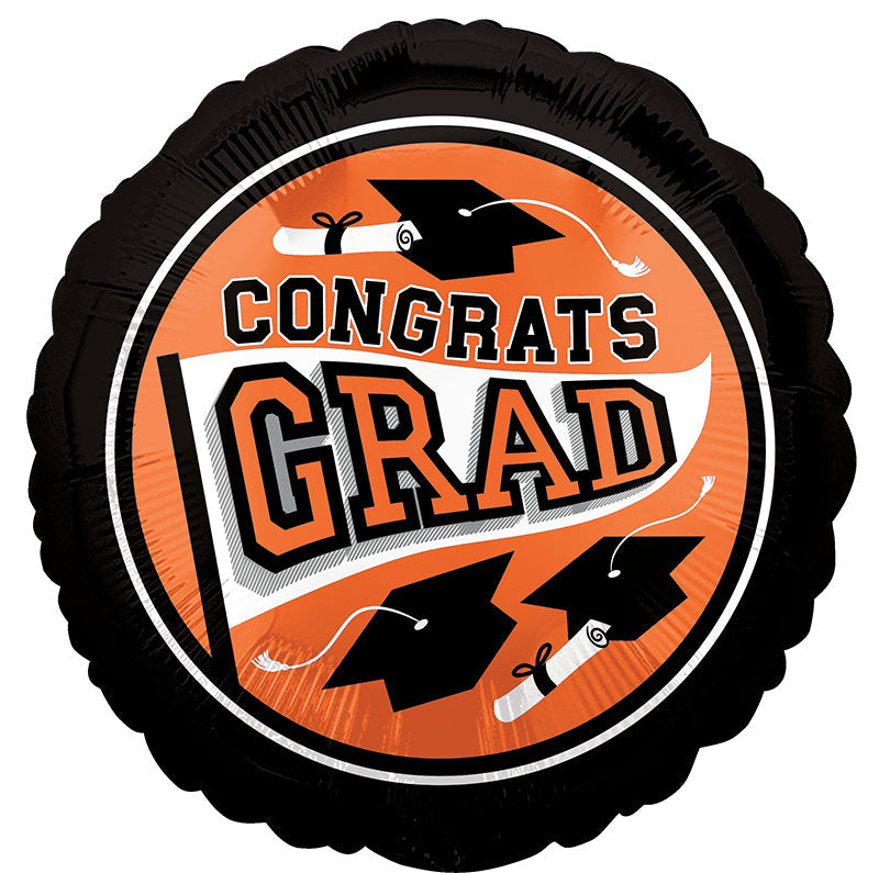 18" Congrats Grad Orange w/ Black Outline Round Foil